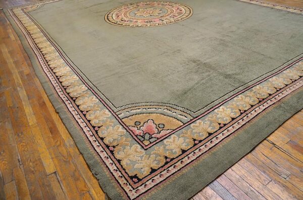 1900s green asparagus medallion antique irish donegal arts & crafts rug 12'6" x 18' knotted wool carpet 6 1900s green asparagus medallion antique irish donegal arts & crafts rug 12'6" x 18' knotted wool carpet - detail view 5