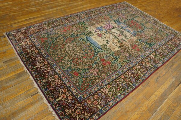 1900s green scene figural medallion antique persian kerman rug 4' 10''x 7' 9'' knotted pile wool carpet 2 1900s green scene figural medallion antique persian kerman rug 4' 10''x 7' 9'' knotted pile wool carpet - detail view 1