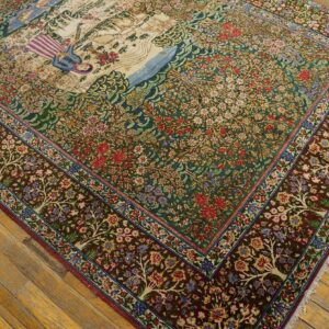 1900s Green Scene Figural Medallion Antique Persian Kerman Rug 4' 10''x 7' 9'' Knotted Pile Wool Carpet - detail view 2