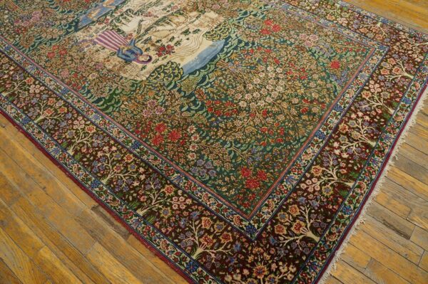 1900s green scene figural medallion antique persian kerman rug 4' 10''x 7' 9'' knotted pile wool carpet 3 1900s green scene figural medallion antique persian kerman rug 4' 10''x 7' 9'' knotted pile wool carpet - detail view 2