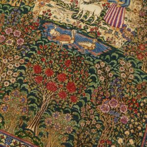 1900s Green Scene Figural Medallion Antique Persian Kerman Rug 4' 10''x 7' 9'' Knotted Pile Wool Carpet - detail view 4