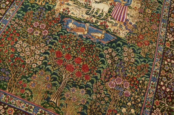 1900s green scene figural medallion antique persian kerman rug 4' 10''x 7' 9'' knotted pile wool carpet 5 1900s green scene figural medallion antique persian kerman rug 4' 10''x 7' 9'' knotted pile wool carpet - detail view 4