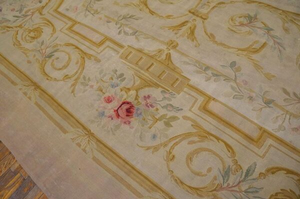 1900s ivory gold medallion antique european aubusson carpet 12'9"x17'3" flatwoven wool rug 6 1900s ivory gold medallion antique european aubusson carpet 12'9"x17'3" flatwoven wool rug - detail view 5