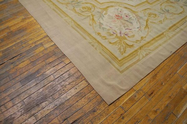 1900s ivory gold medallion antique european aubusson carpet 12'9"x17'3" flatwoven wool rug 8 1900s ivory gold medallion antique european aubusson carpet 12'9"x17'3" flatwoven wool rug - detail view 7