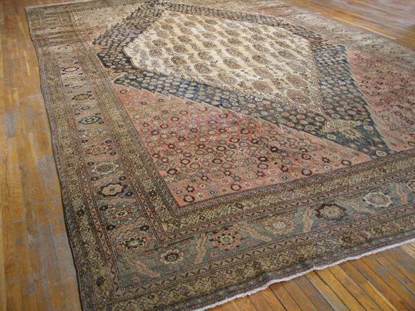 1900s ivory medallion antique persian malayer rug 13'3" x 22'4" handknotted wool carpet 3 1900s ivory medallion antique persian malayer rug 13'3" x 22'4" handknotted wool carpet - detail view 2