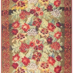1900s Large Scale Olive Antique French Floral European Folk Besserabian Wool Rug
