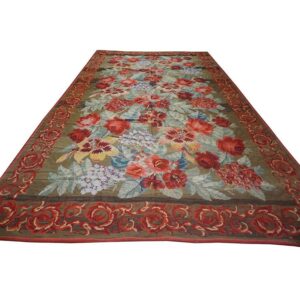 1900s Large Scale Olive Antique French Floral European Folk Besserabian Wool Rug - detail view 1