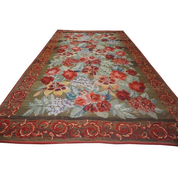 1900s large scale olive antique french floral european folk besserabian wool rug 2 1900s large scale olive antique french floral european folk besserabian wool rug - detail view 1