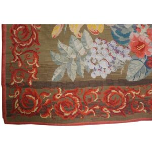 1900s Large Scale Olive Antique French Floral European Folk Besserabian Wool Rug - detail view 2