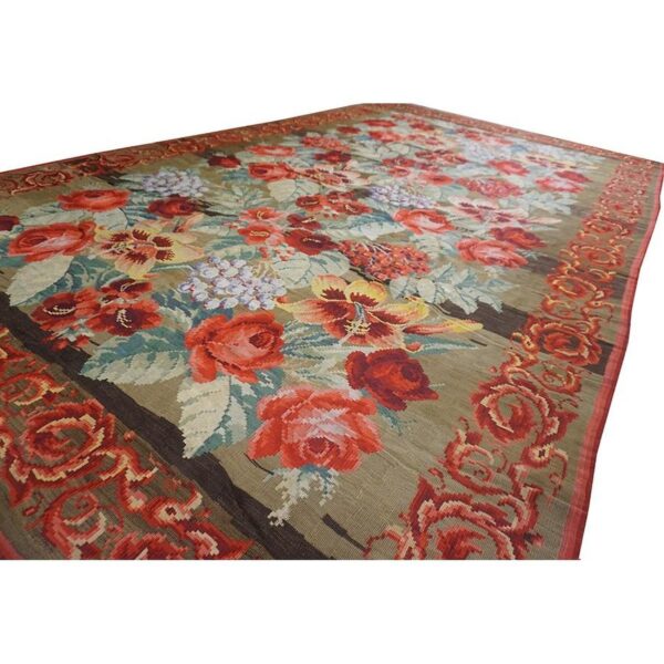 1900s large scale olive antique french floral european folk besserabian wool rug 7 1900s large scale olive antique french floral european folk besserabian wool rug - detail view 6