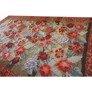 1900s Large Scale Olive Antique French Floral European Folk Besserabian Wool Rug - detail view 7