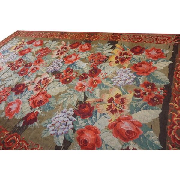 1900s large scale olive antique french floral european folk besserabian wool rug 8 1900s large scale olive antique french floral european folk besserabian wool rug - detail view 7