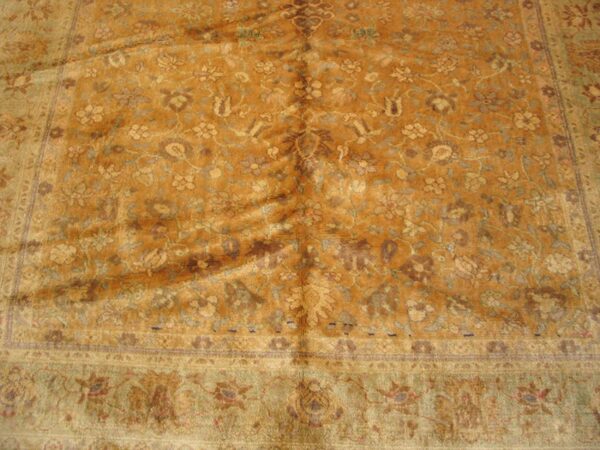 1900s orange salmon floral medallion antique indian agra rug 7'0" x 8'8" handknotted wool carpet 2 1900s orange salmon floral medallion antique indian agra rug 7'0" x 8'8" handknotted wool carpet - detail view 1