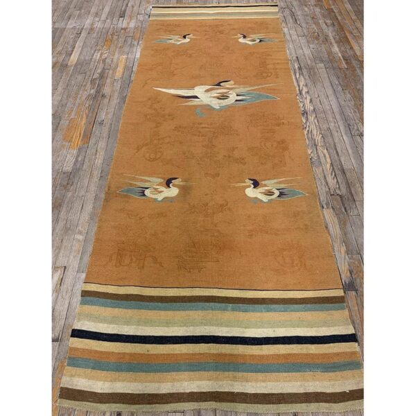 1900s orange traditional motifs antique chinese flatweave mongolian runner rug 2 1900s orange traditional motifs antique chinese flatweave mongolian runner rug - detail view 1