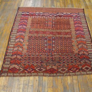 1900s Red Geometric Antique Baluch Turkmen Tekke Ensi Rug 4' 1'' X 4' 6'' Handknotted Wool Carpet - detail view 1