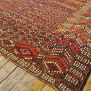 1900s Red Geometric Antique Baluch Turkmen Tekke Ensi Rug 4' 1'' X 4' 6'' Handknotted Wool Carpet - detail view 2