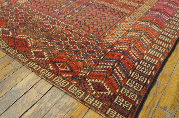 1900s red geometric antique baluch turkmen tekke ensi rug 4' 1'' x 4' 6'' handknotted wool carpet - detail view 2