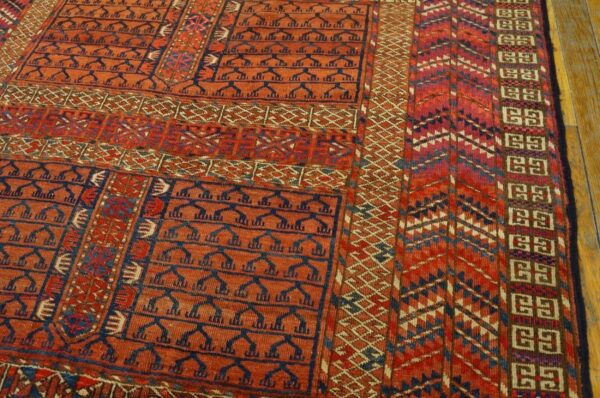 1900s red geometric antique baluch turkmen tekke ensi rug 4' 1'' x 4' 6'' handknotted wool carpet - detail view 5