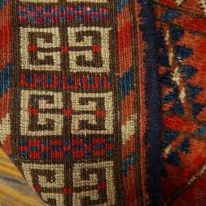 1900s Red Geometric Antique Baluch Turkmen Tekke Ensi Rug 4' 1'' X 4' 6'' Handknotted Wool Carpet - detail view 6