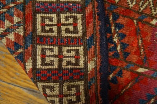 1900s red geometric antique baluch turkmen tekke ensi rug 4' 1'' x 4' 6'' handknotted wool carpet - detail view 6