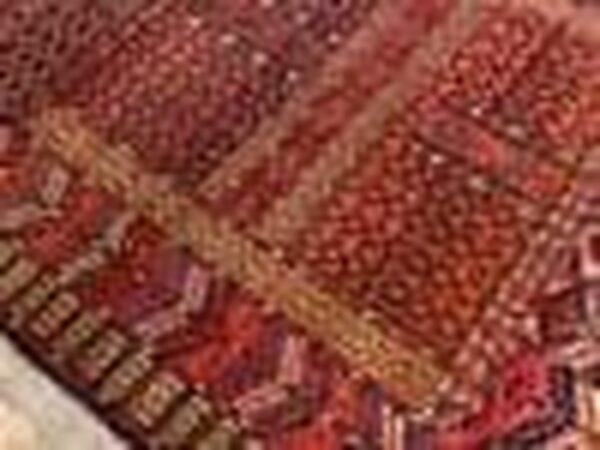 1900s red geometric antique baluch turkmen tekke ensi rug 4' 1'' x 4' 6'' handknotted wool carpet - detail view 7