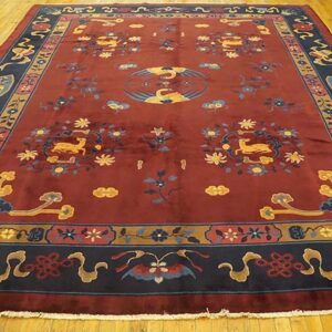 1900s Ruby Red Floral Medallion Antique Chinese Art Deco Rug 9'4" X 11'6" Handknotted Wool Carpet - detail view 1