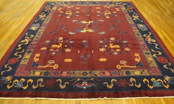 1900s ruby red floral medallion antique chinese art deco rug 9'4" x 11'6" handknotted wool carpet 2 1900s ruby red floral medallion antique chinese art deco rug 9'4" x 11'6" handknotted wool carpet - detail view 1