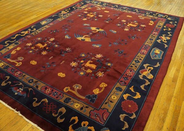 1900s ruby red floral medallion antique chinese art deco rug 9'4" x 11'6" handknotted wool carpet 3 1900s ruby red floral medallion antique chinese art deco rug 9'4" x 11'6" handknotted wool carpet - detail view 2