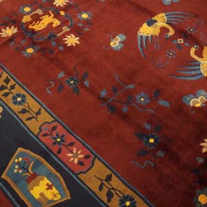 1900s Ruby Red Floral Medallion Antique Chinese Art Deco Rug 9'4" X 11'6" Handknotted Wool Carpet - detail view 3