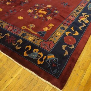 1900s Ruby Red Floral Medallion Antique Chinese Art Deco Rug 9'4" X 11'6" Handknotted Wool Carpet - detail view 4