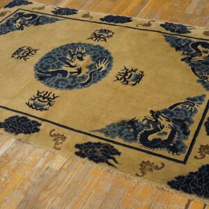 1900s Tan Beige Medallion Antique Chinese Baotou Rug 3'10''x 6'2'' Knotted Pile Wool Carpet - detail view 1