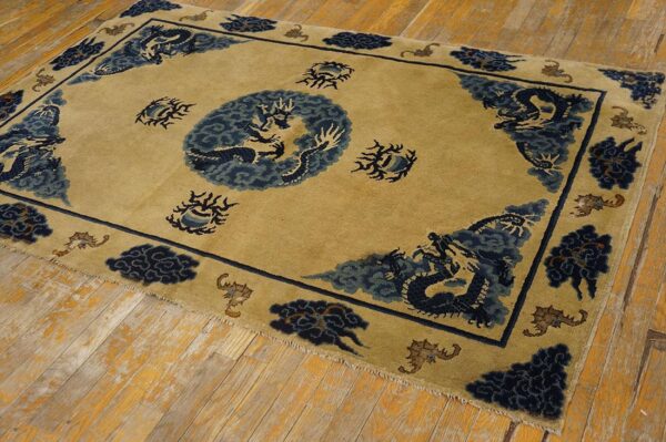 1900s tan beige medallion antique chinese baotou rug 3'10''x 6'2'' knotted pile wool carpet - detail view 1