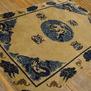 1900s Tan Beige Medallion Antique Chinese Baotou Rug 3'10''x 6'2'' Knotted Pile Wool Carpet - detail view 2