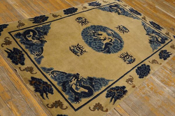 1900s tan beige medallion antique chinese baotou rug 3'10''x 6'2'' knotted pile wool carpet - detail view 2