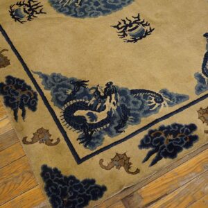1900s Tan Beige Medallion Antique Chinese Baotou Rug 3'10''x 6'2'' Knotted Pile Wool Carpet - detail view 3