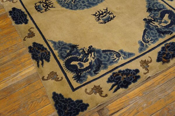 1900s tan beige medallion antique chinese baotou rug 3'10''x 6'2'' knotted pile wool carpet - detail view 3