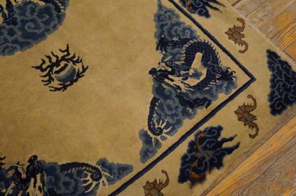 1900s tan beige medallion antique chinese baotou rug 3'10''x 6'2'' knotted pile wool carpet - detail view 4