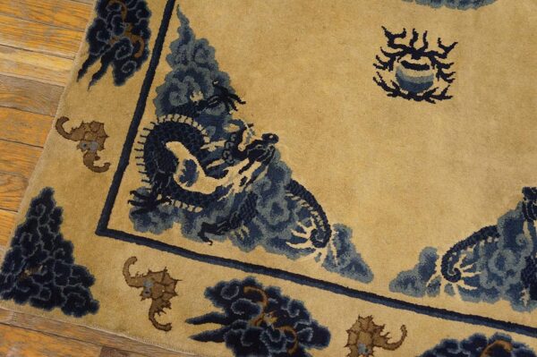 1900s tan beige medallion antique chinese baotou rug 3'10''x 6'2'' knotted pile wool carpet - detail view 5