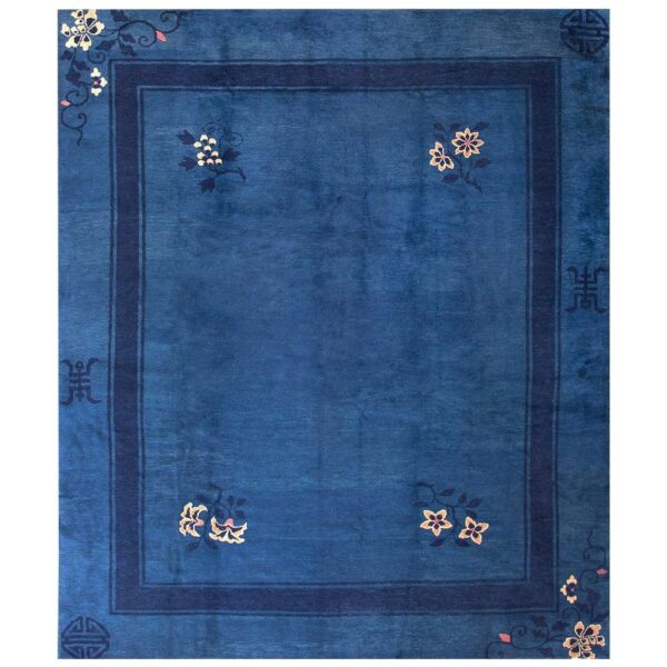 1910s blue open field shou symbol antique chinese peking rug 8'x9'8" handknotted wool carpet 2 1910s blue open field shou symbol antique chinese peking rug 8'x9'8" handknotted wool carpet - detail view 1