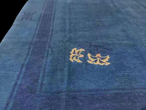 1910s blue open field shou symbol antique chinese peking rug 8'x9'8" handknotted wool carpet 5 1910s blue open field shou symbol antique chinese peking rug 8'x9'8" handknotted wool carpet - detail view 4