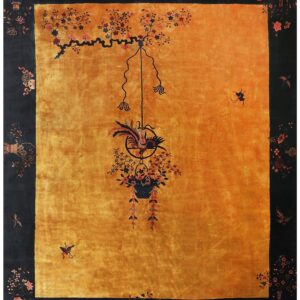 1920s Antique Gold Chinese Art Deco Flower Basket Wool Oversized Rug