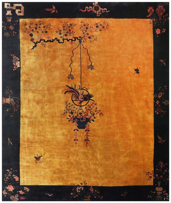 1920s gold field vase spray flowers shou symbols antique chinese art deco rug 1 1920s antique gold chinese art deco flower basket wool oversized rug