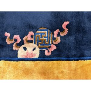 1920s Antique Gold Chinese Art Deco Flower Basket Wool Oversized Rug - detail view 9
