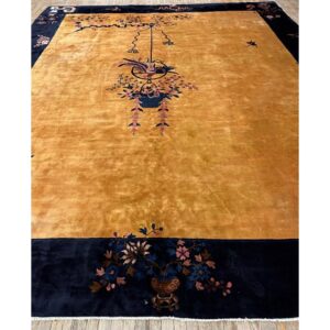 1920s Antique Gold Chinese Art Deco Flower Basket Wool Oversized Rug - detail view 1