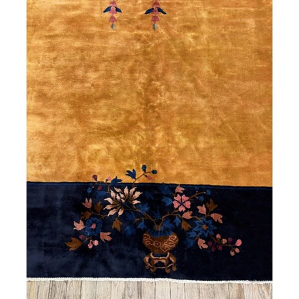 1920s gold field vase spray flowers shou symbols antique chinese art deco rug 3 1920s antique gold chinese art deco flower basket wool oversized rug - detail view 2