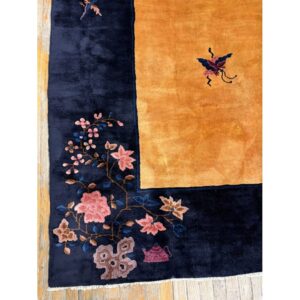 1920s Antique Gold Chinese Art Deco Flower Basket Wool Oversized Rug - detail view 3