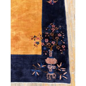 1920s Antique Gold Chinese Art Deco Flower Basket Wool Oversized Rug - detail view 4