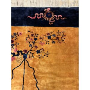 1920s Antique Gold Chinese Art Deco Flower Basket Wool Oversized Rug - detail view 5