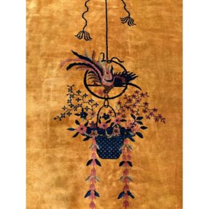 1920s Antique Gold Chinese Art Deco Flower Basket Wool Oversized Rug - detail view 6
