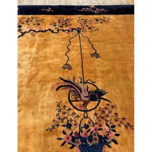 1920s Antique Gold Chinese Art Deco Flower Basket Wool Oversized Rug - detail view 7
